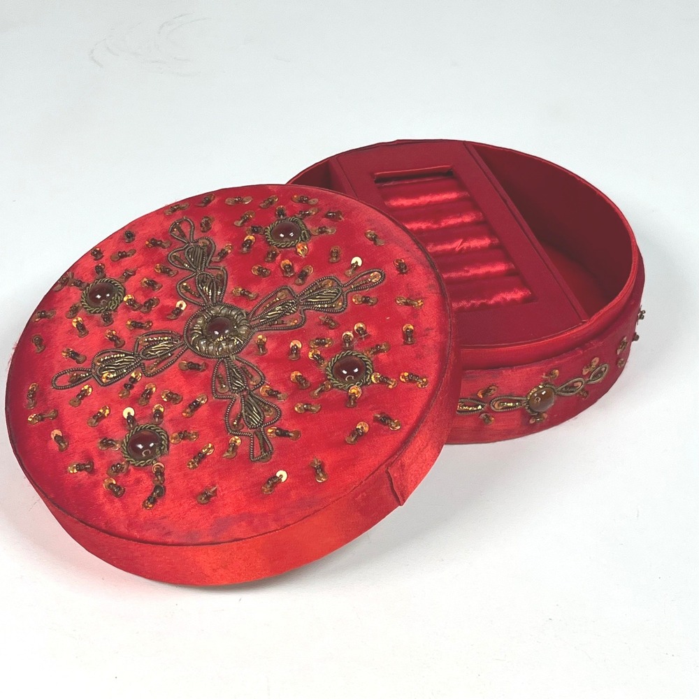 Jewelry Box Red Women Beaded Satin Round Mirror Cross 6.25 in DIA x 2.75 in H